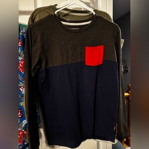 Eddie Bauer - Boys Grey and Navy Long Sleeve Shirt with Red Pocket